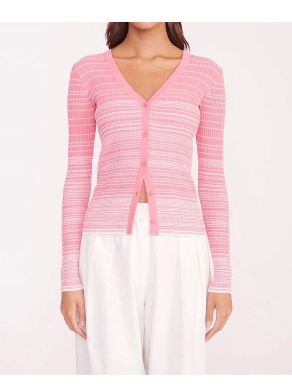 STAUD Coral Pink Ribbed Stripe Cardigan size XS